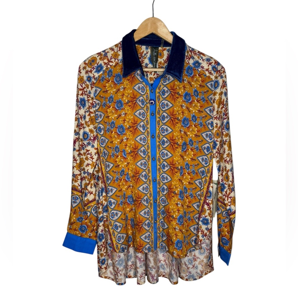 Aratta Mixed Print Blue Velvet Button Up Blouse NWT Small Boho Retro